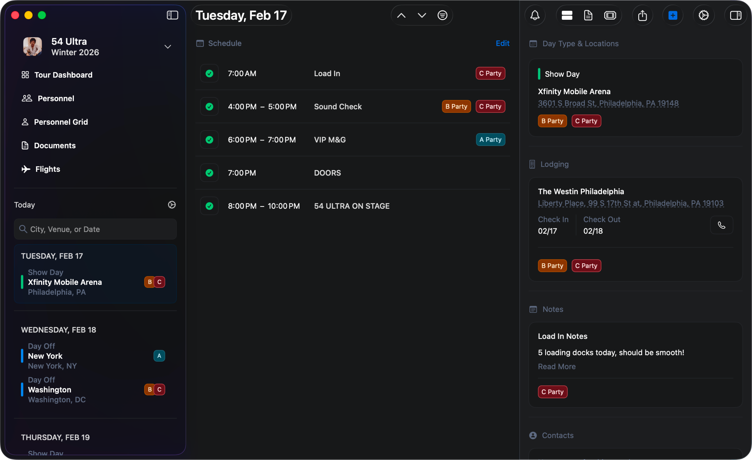 Daysheets Schedule View - Dark Mode