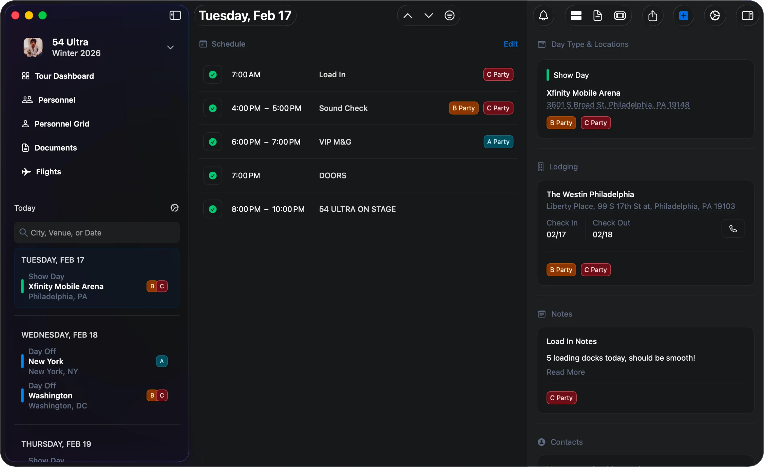 Daysheets Schedule View - Dark Mode